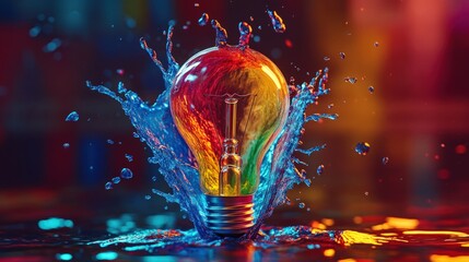 Colorful lightbulb exploding with vibrant water splashes