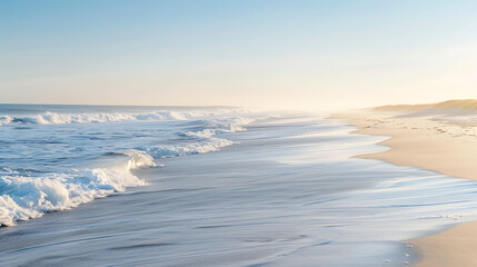 Fototapeta premium Serene beach scene with gentle waves washing onto the sandy shore under a bright, clear sky. Peaceful coastal landscape ideal for travel or relaxation themes. 