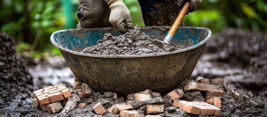 Person mixing mortar in wheelbarrow on construction site