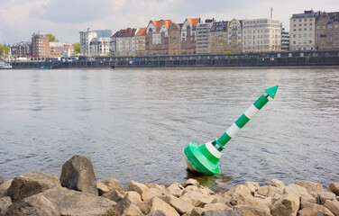 Low stream gauge of rhine river. Water shortage, drought, climate change,global warming, shipping disaster concept.
