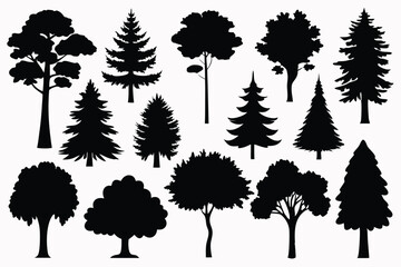 Fototapeta premium Vector silhouette of tree on white background. Tree silhouette vector. Isolated forest trees.