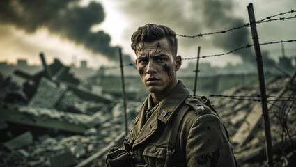 A focused soldier in a war-torn city looks directly towards the camera in a moment of intensity.