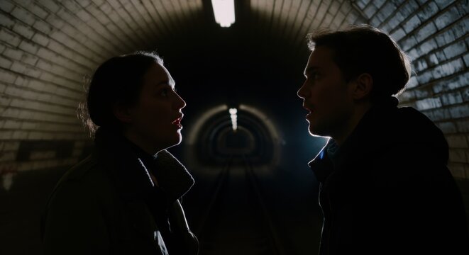Silhouetted drama: young caucasian male and female in dark tunnel