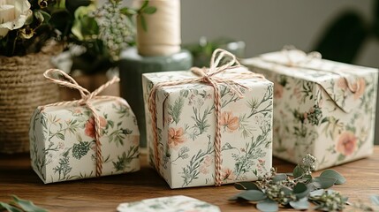 Paper gift tags and botanical wrapping station for Mothers Day .