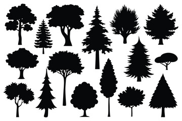 Fototapeta premium Vector silhouette of tree on white background. Tree silhouette vector. Isolated forest trees.