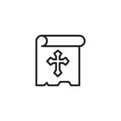 A minimalist line art illustration of a scroll or parchment displaying a Christian cross.