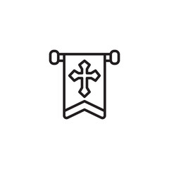A minimalist line art illustration of a hanging banner displaying a Christian cross.