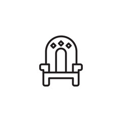 A simple, bold line drawing of an ornate throne or chair with a high, arched back.