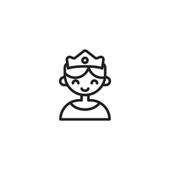 Cute line art icon of a smiling prince with a crown, representing royalty, youth, and charm in a simple, modern cartoon style.