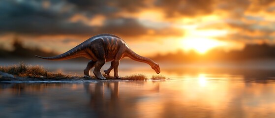 A majestic prehistoric dinosaur silhouetted against a stunning sunset