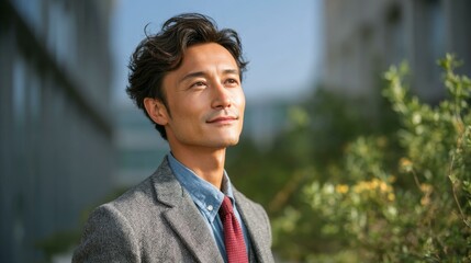 Thoughtful Asian Businessman Outdoors