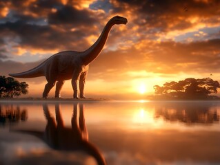A prehistoric dinosaur silhouetted against a stunning sunset landscape