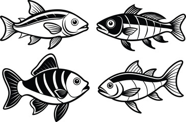 Four fish are arranged in a grid. All fish have either horizontal stripes or vertical stripes. creating a cohesive yet varied design. Each fish has a rounded body, prominent eyes, and fins.