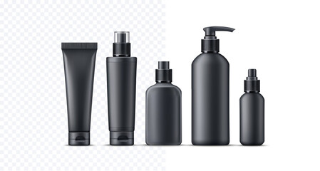 3d black matte cosmetic packaging set – tubes, spray bottles and pump bottle mockup on transparent background, blank for branding, skincare product design.
