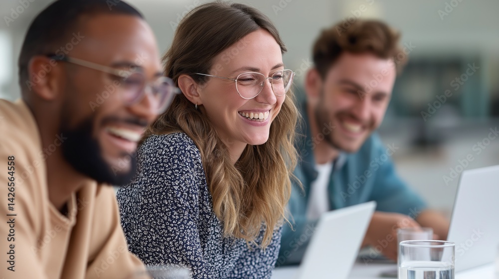 Poster three coworkers laugh and share a moment of connection while participating in a virtual meeting. the