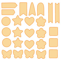 Sticker sheet of assorted pastel orange and yellow shapes including hearts, stars, ribbons, circles and tags on white background