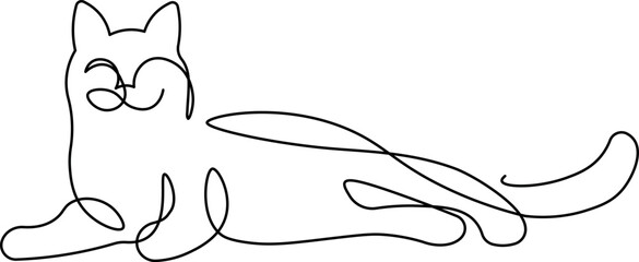 Editable continuous line stroke illustration of a relaxed cat lying down, staring lazily on a clean white background