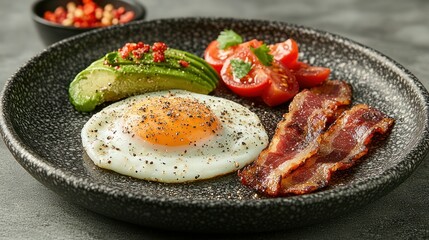 Delicious breakfast plate featuring fried egg, avocado, bacon, and tomatoes