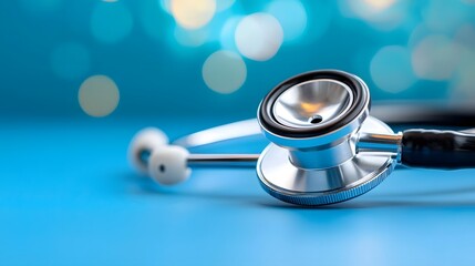Close up of a medical stethoscope on a blue background