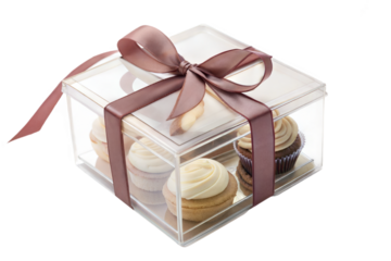 Gift box with cupcakes wrapped in a brown ribbon  