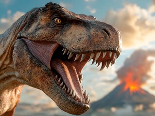 Ferocious Tyrannosaurus Rex confronting erupting volcano