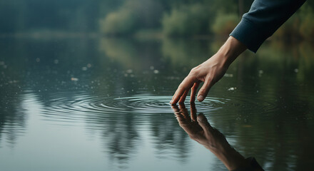 A hand reaching out to touch the water, creating ripples and reflecting on the surface.