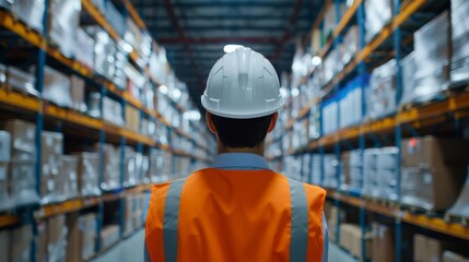 Efficient warehouse worker engaged in organizing stock and managing inventory in a busy industrial environment