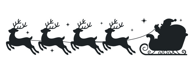 Black Silhouette Of Santa Claus In Sleigh With Reindeers Flying Across The Sky During Christmas Night