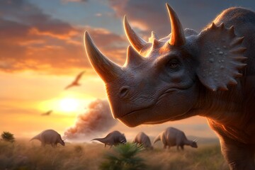 Fototapeta premium Prehistoric rhinoceros like creature silhouetted against a dramatic sunset