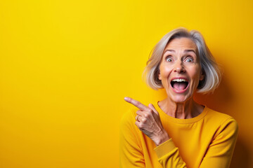 Photo of excited senior caucasian woman pointing to side with product or empty copy space standing over isolated yellow background. Advertisement presenting. AI