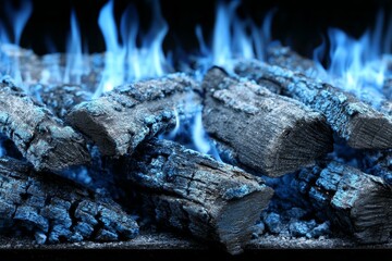 Fototapeta premium Blue Flame on Burning Logs in a Fireplace