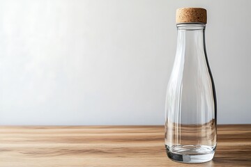 Empty clear glass bottle with cork stopper on wooden surface.