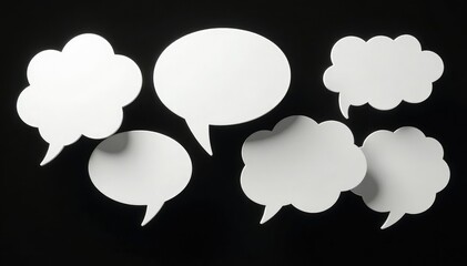 White minimalist speech bubbles on black, geometric design, background, graphic