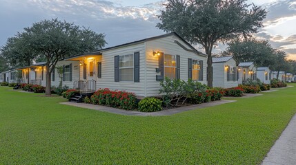 Serene mobile home community with vibrant red flowers and lush lawns