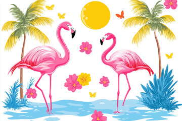 Fototapeta premium Stylish Flamingo Artwork with Tropical Leaves – Trendy and Vivid Decorative Illustration