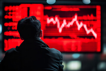 A businessman facing a red trend down graph and chart with stock on the billboard