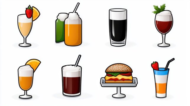 This image features a variety of iconic representing different types of drinks such as cocktails juices sodas and alcoholic beverages as well as popular food items like a burger and dessert