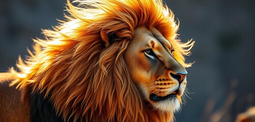 Fototapeta premium Majestic lion, golden mane, sunlit fur blowing in wind; regal portrait, power, animal