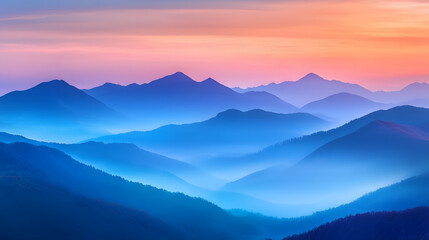 Obraz premium Mountain Majesty: Layers of majestic mountain ranges fading into the misty distance at dawn, bathed in soft, pastel hues. A moment of tranquility and awe in nature's grand theatre.