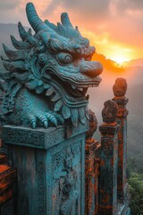 Fototapeta premium ruins of ancient altar with dragon-shaped statue in twilight setting