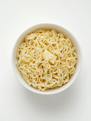 
Tender wavy egg noodles, butter, Italian seasonings and parmesan all in a small white bowl. top view, white background, wide photo, wide shot, long distance photo, unreal engine 5, very realistic, ve