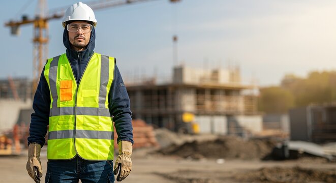 A construction worker wearing full personal protective equipment (PPE): hard hat, safety goggles, high-visibility vest, gloves, and steel-toe boots. Standing confidently at a construction site.  - Powered by Adobe