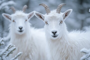 Fototapeta premium Two snowy white goats in a winter forest