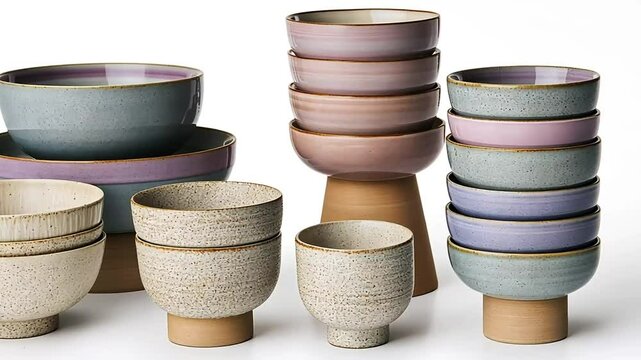 Studio shot of pastel ceramic bowls, stacked, on stands, white background, homeware catalog