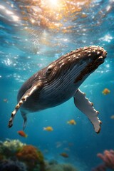 Fototapeta premium A majestic whale swims gracefully through the underwater seascape