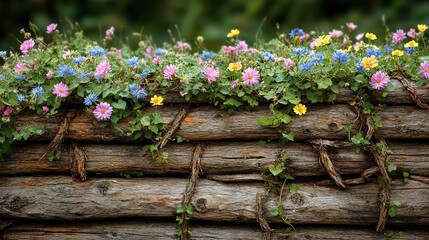 Rustic wooden wall adorned with vibrant wildflowers.  A charming display of colorful blooms cascading over a weathered log wall
