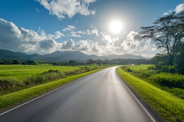 Naklejka premium A sun-drenched road with a convertible at noon, transportation road way in the middle of mountain