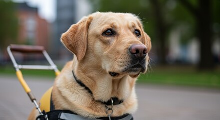 A close-up of a guide dog, such as a Labrador Retriever, wearing a guide dog harness and looking alert. Blurred city or park background. Professional, loyal, and intelligent expression. 