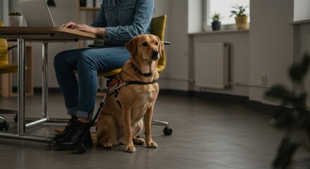 A guide dog sitting calmly next to a person working on a laptop in a modern office or coworking space. Friendly workplace atmosphere, inclusive and accessible environment. Great for HR materials, 