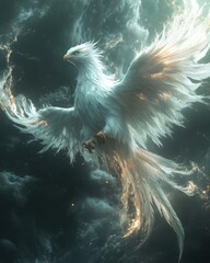 air element phoenix with translucent feathers, soaring through sky with wind currents and glowing light trails, ethereal atmosphere